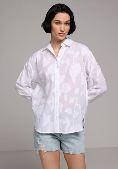 Image de Chemise À Manches Longues Blanc Boyfriend Fit Jakarli Jacquard Femme