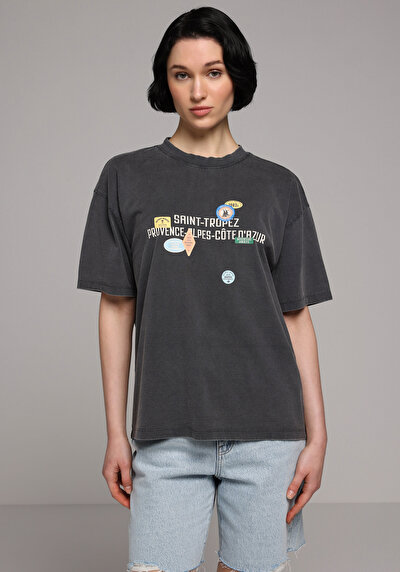 Image de T-shirt À Manches Courtes Anthracite Oversize Fit Droit Femme