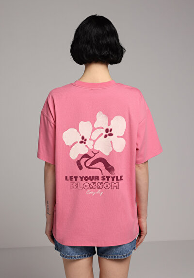 Image de T-shirt À Manches Courtes Rose Relaxed Fit Imprimé Femme