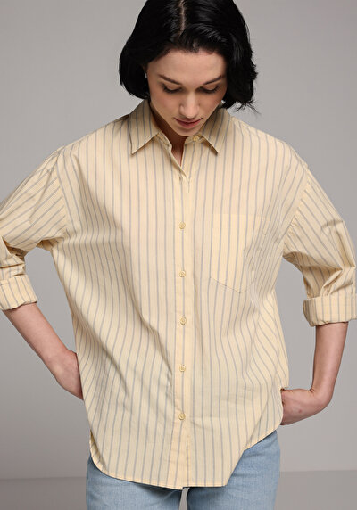 Image de Chemise À Manches Longues Jaune Boyfriend Fit Rayé Popeline Femme