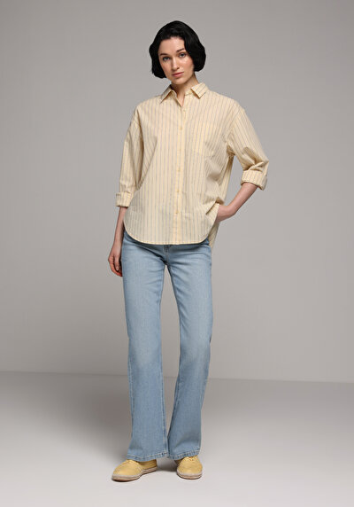 Image de Chemise À Manches Longues Jaune Boyfriend Fit Rayé Popeline Femme