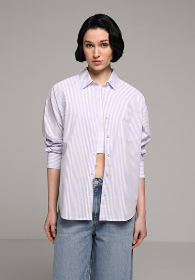 Image de Chemise À Manches Longues Violet Boyfriend Fit Rayé Popeline Femme