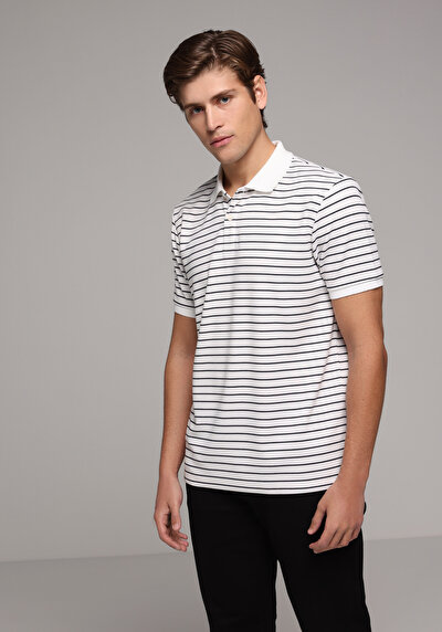 Image de T-shirt Polo À Manches Courtes Blanc Rayé Regular Fit Homme