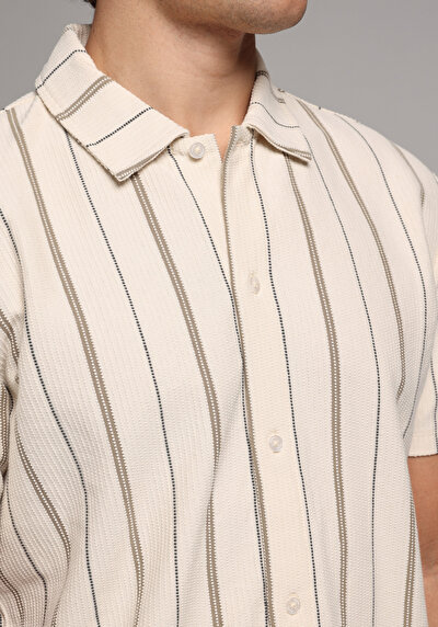 Image de T-shirt Polo À Manches Courtes Ecru Rayé Regular Fit Homme