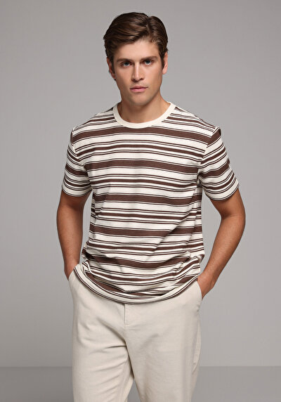 Image de T-shirt À Manches Courtes Marron Regular Fit Rayé Homme