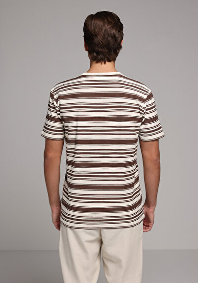 Image de T-shirt À Manches Courtes Marron Regular Fit Rayé Homme