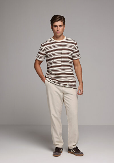 Image de T-shirt À Manches Courtes Marron Regular Fit Rayé Homme