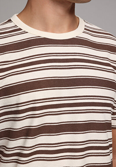 Image de T-shirt À Manches Courtes Marron Regular Fit Rayé Homme