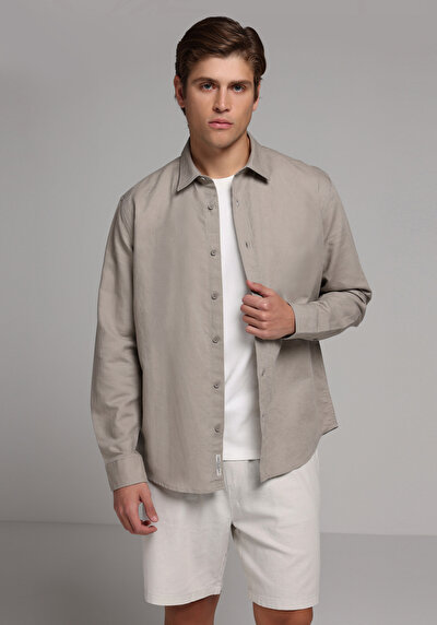 Image de Chemise À Manches Longues Marron Regular Fit Droit Lin Homme