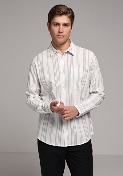 Image de Chemise À Manches Longues Anthracite Regular Fit Rayé Tissu Froissé Homme