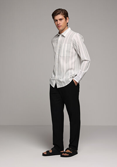 Image de Chemise À Manches Longues Anthracite Regular Fit Rayé Tissu Froissé Homme