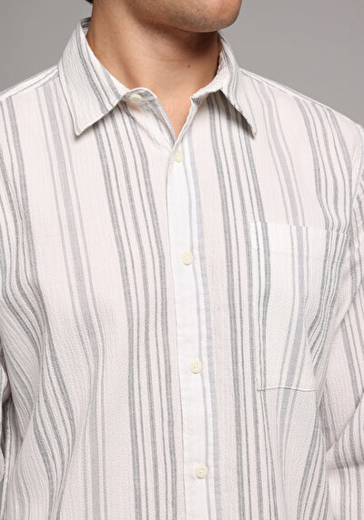 Image de Chemise À Manches Longues Anthracite Regular Fit Rayé Tissu Froissé Homme