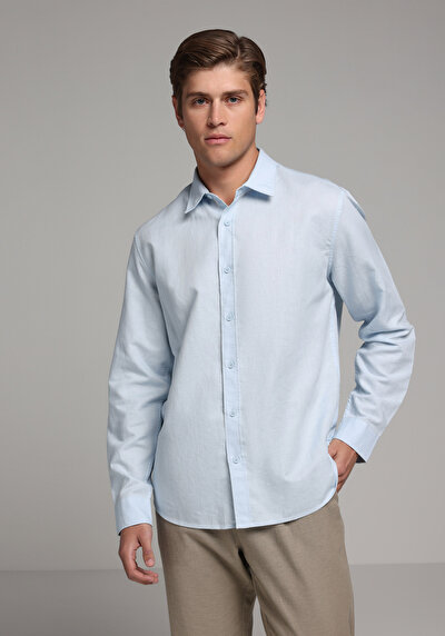 Image de Chemise À Manches Longues Bleu Regular Fit Droit Lin Homme