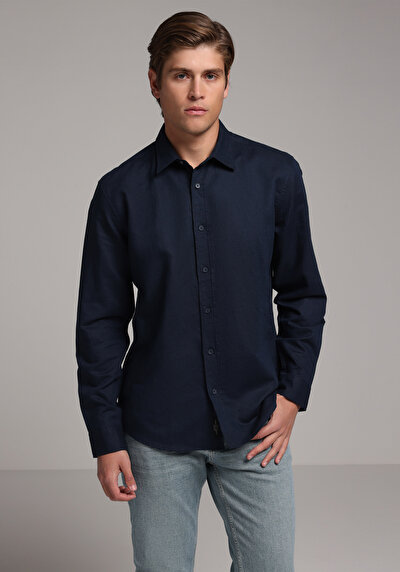 Afficher les détails de Chemise À Manches Longues Marine Regular Fit Droit Lin Homme