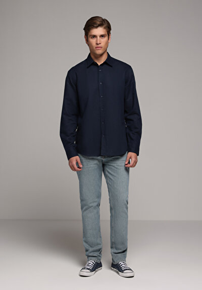 Image de Chemise À Manches Longues Marine Regular Fit Droit Lin Homme