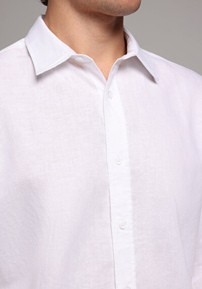 Afficher les détails de Chemise À Manches Longues Blanc Regular Fit Droit Lin Homme