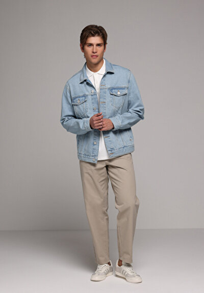 Image de Pantalon Beige Straight Leg Medium Rise En Sergé Regular Fit Homme