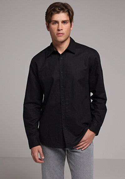 Image de Chemise À Manches Longues Noir Regular Fit Droit Lin Homme