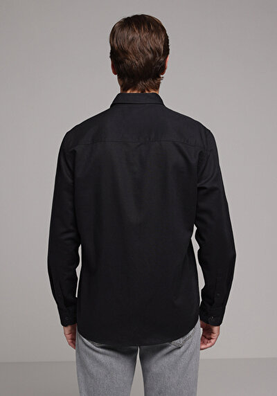 Image de Chemise À Manches Longues Noir Regular Fit Droit Lin Homme