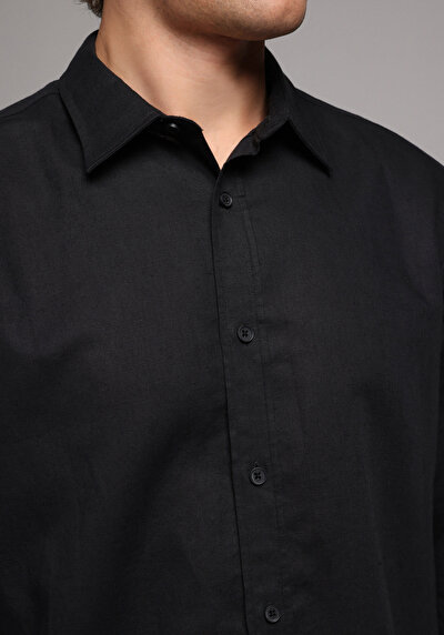 Image de Chemise À Manches Longues Noir Regular Fit Droit Lin Homme