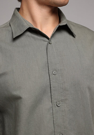 Image de Chemise À Manches Longues Kaki Regular Fit Droit Lin Homme