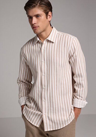 Image de Chemise À Manches Longues Beige Relaxed Fit Rayé Mousseline Homme