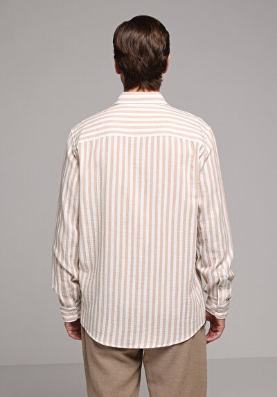 Image de Chemise À Manches Longues Beige Relaxed Fit Rayé Mousseline Homme
