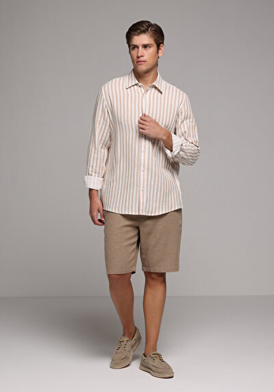 Image de Chemise À Manches Longues Beige Relaxed Fit Rayé Mousseline Homme