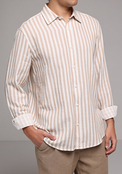 Image de Chemise À Manches Longues Beige Relaxed Fit Rayé Mousseline Homme