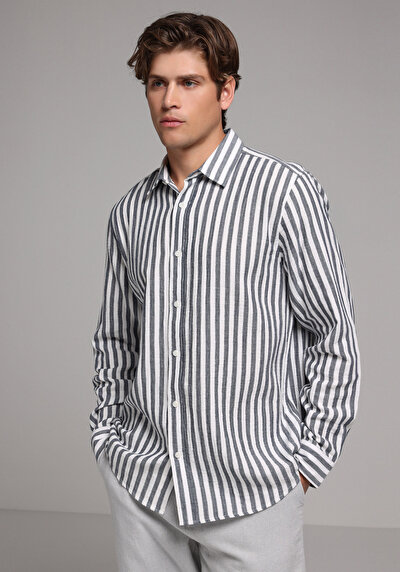 Image de Chemise À Manches Longues Marine Relaxed Fit Rayé Mousseline Homme