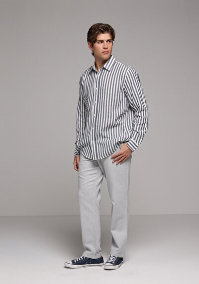 Image de Chemise À Manches Longues Marine Relaxed Fit Rayé Mousseline Homme
