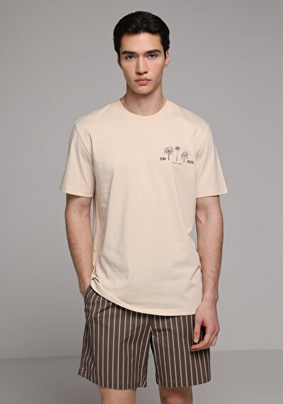 Image de T-shirt À Manches Courtes Beige Regular Fit Droit Homme