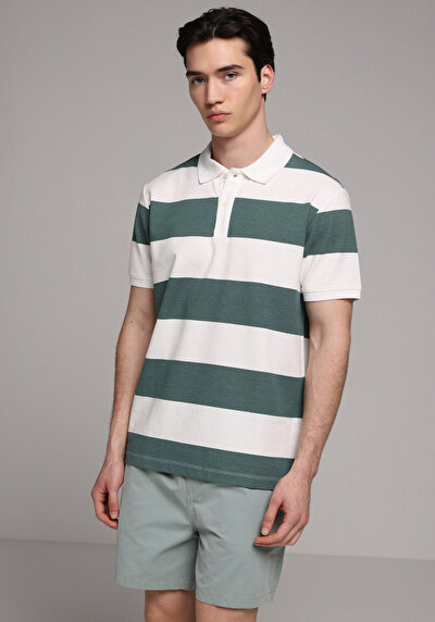 Image de T-shirt Polo À Manches Courtes Vert Rayé Regular Fit Homme