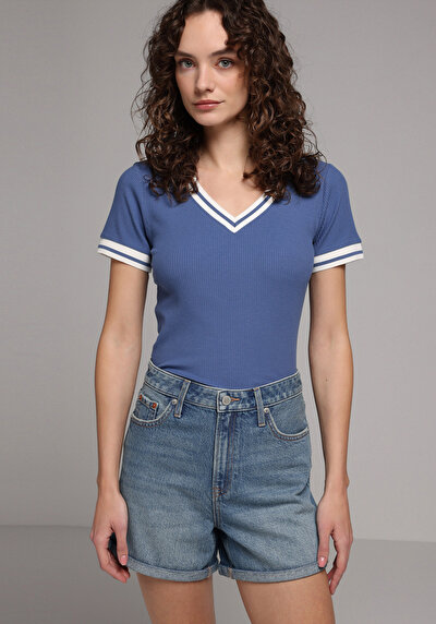 Image de T-shirt À Manches Courtes Bleu Slim Fit Droit Femme