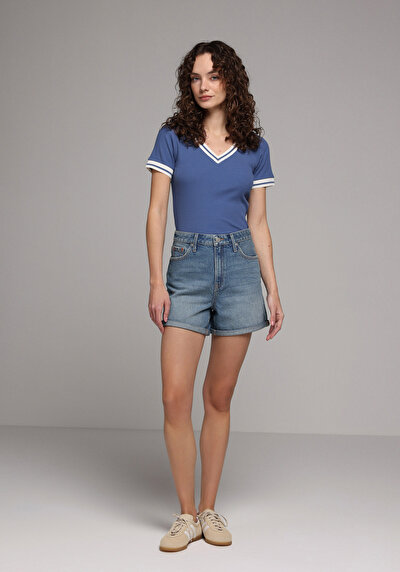 Image de T-shirt À Manches Courtes Bleu Slim Fit Droit Femme