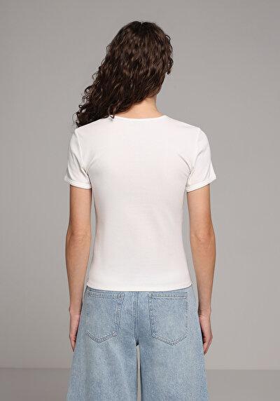 Image de T-shirt À Manches Courtes Ecru Slim Fit Imprimé Femme