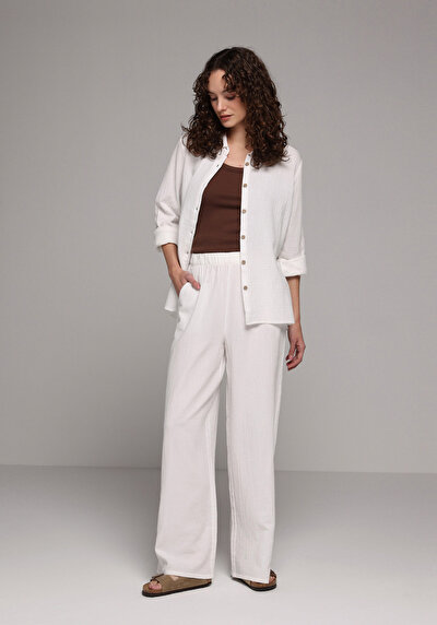 Image de Pantalon Blanc Wide Leg High Rise En Mousseline Regular Fit Femme