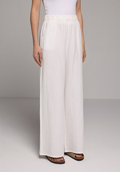 Afficher les détails de Pantalon Blanc Wide Leg High Rise En Mousseline Regular Fit Femme