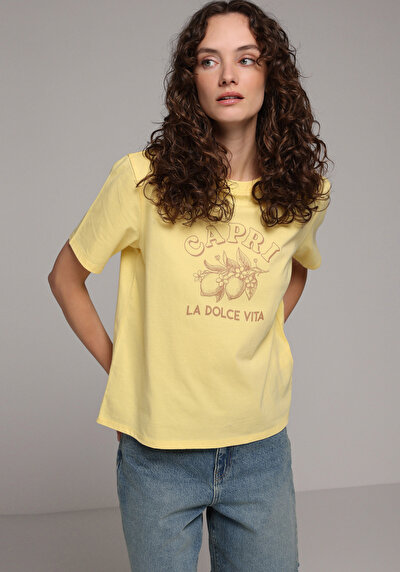 Image de T-shirt À Manches Courtes Jaune Regular Fit Imprimé Femme