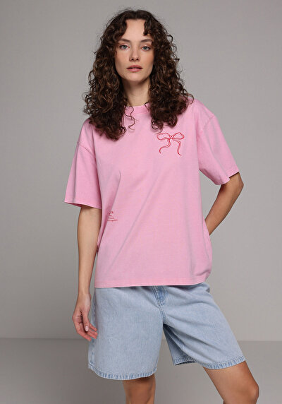 Image de T-shirt À Manches Courtes Rose Oversize Fit Droit Femme