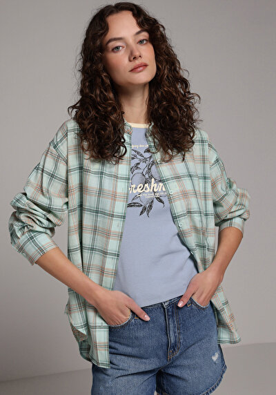Image de Chemise À Manches Longues Vert Boyfriend Fit Plaid Popeline Femme