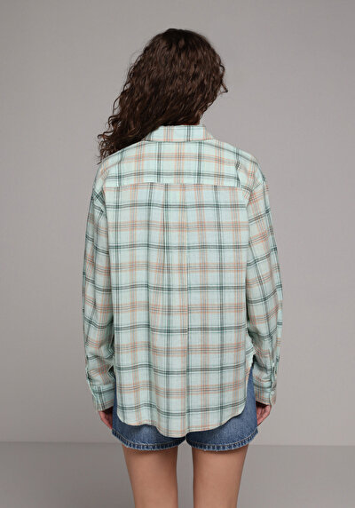 Image de Chemise À Manches Longues Vert Boyfriend Fit Plaid Popeline Femme