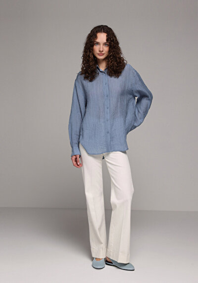 Image de Chemise À Manches Longues Bleu Oversize Fit Droit Uni Femme