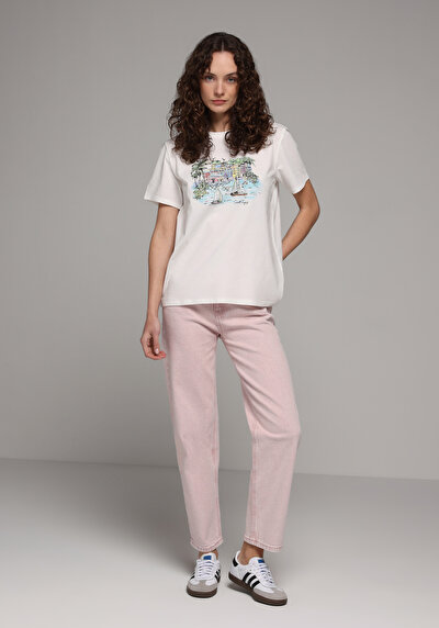 Image de T-shirt À Manches Courtes Blanc Regular Fit Imprimé Femme