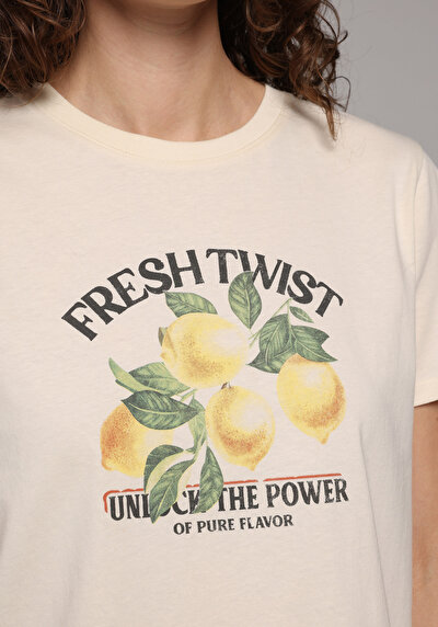 Image de T-shirt À Manches Courtes Ecru Regular Fit Imprimé Femme