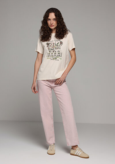 Image de T-shirt À Manches Courtes Ecru Regular Fit Imprimé Femme