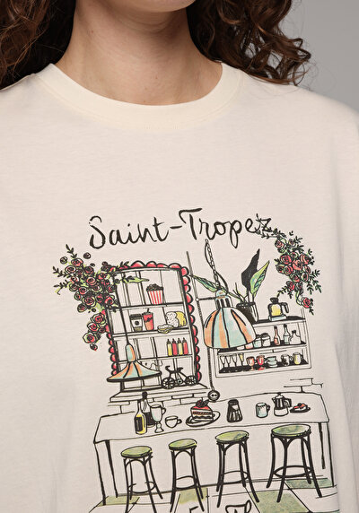 Image de T-shirt À Manches Courtes Ecru Regular Fit Imprimé Femme