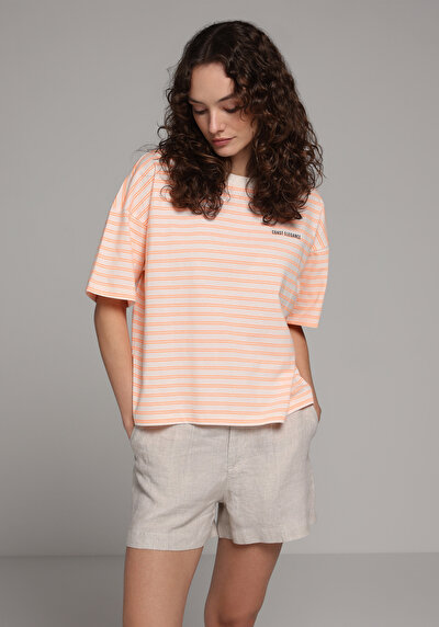 Image de T-shirt À Manches Courtes Orange Regular Fit Rayé Femme