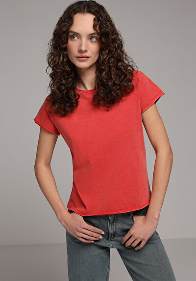 Image de T-shirt À Manches Courtes Rouge Regular Fit Droit Femme