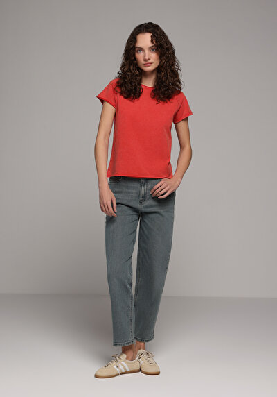 Image de T-shirt À Manches Courtes Rouge Regular Fit Droit Femme